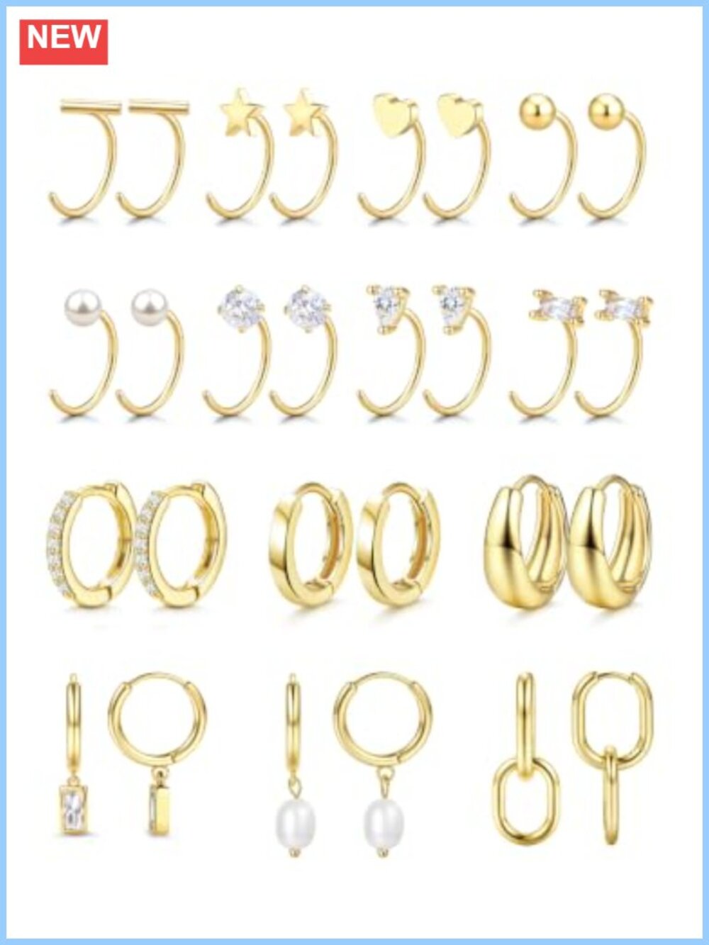 14K Gold Plated Backless Half Hoop Earrings Set for Women
